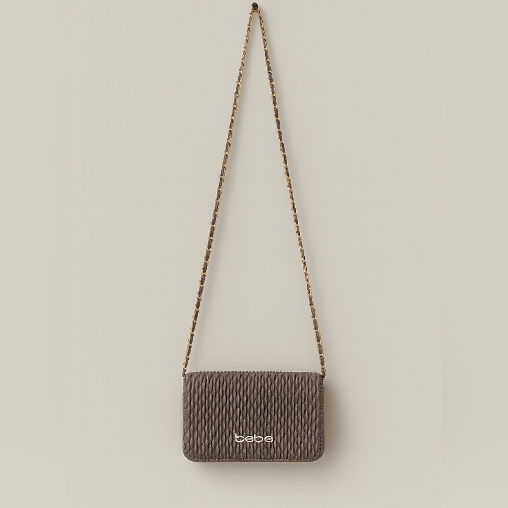 Bebe Quilted Crossbody Wallet Bag with Gold Chain Strap – Taupe